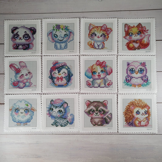 12 Mini Diamond Paintings 10x10cm - Süße Tiermotive - 88 Farben