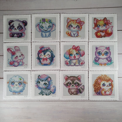 12 Mini Diamond Paintings 10x10cm - Süße Tiermotive - 88 Farben