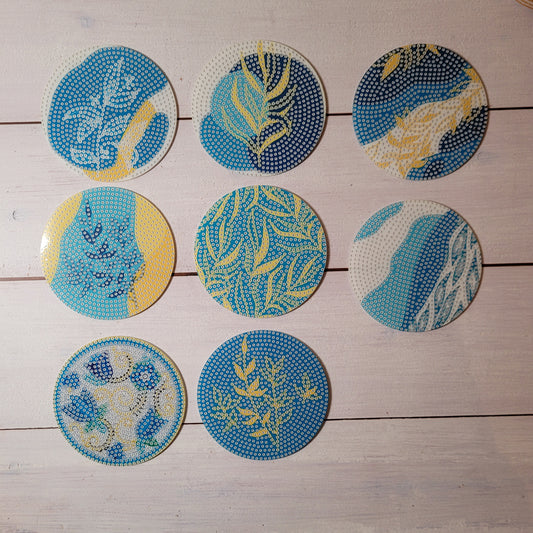 Diamond Painting Untersetzer - Abstract Flowers, Blau - 8 Stück